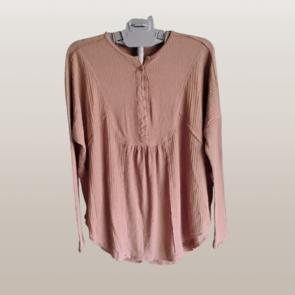 Free People Leo Henley Thermal Top – XS (Oversized Fit) – Chocolate Malt